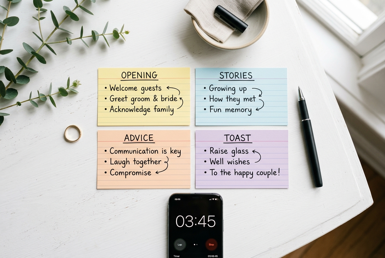 Wedding speech planning materials — colour-coded index cards, sections labelled, timer on phone