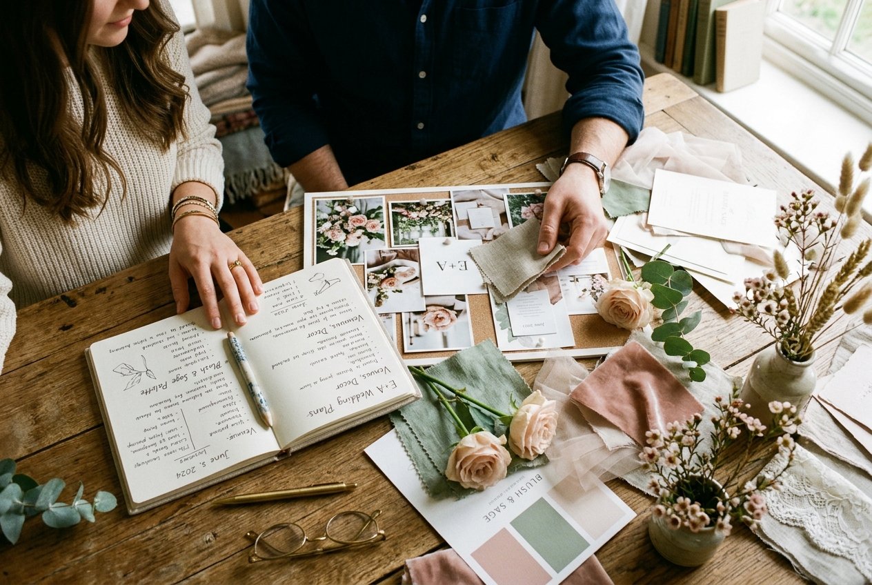 Wedding planning with mood boards and fabric swatches